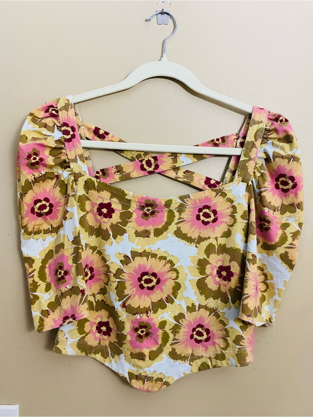 Free People Floral Square Neck Puff Sleeve Crop Top Pink Tan Floral Size Small - Picture 2 of 6